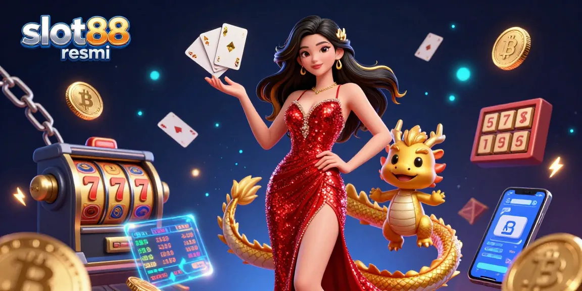 Rasakan permainan dengan taruh tinggi di slot88 resmi, menampilkan kartu bermain yang mengambang dan visual yang penuh warna.