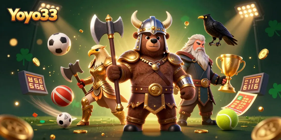 Experience thrilling gameplay with Yoyo33 as a Viking bear and Valkyrie eagle celebrate winnings.