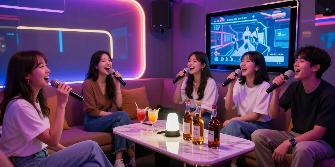 Exciting 제주유흥 karaoke night scene with friends enjoying drinks and singing under neon lights.