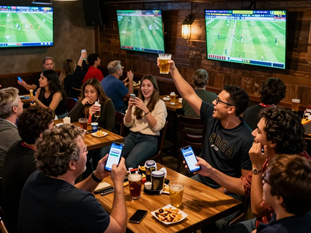 Fans engaging with keonhacai betting apps while watching live sports updates at a dynamic sports bar.