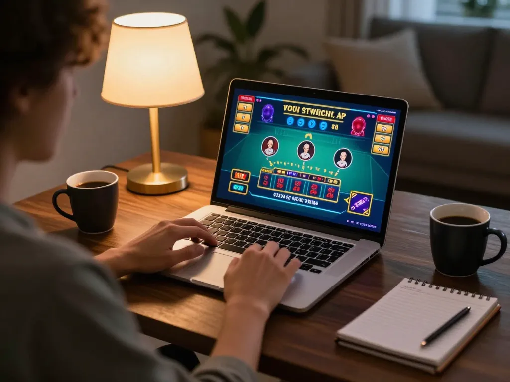Engaging in online casino gameplay with fly 88 on laptop in a cozy living room