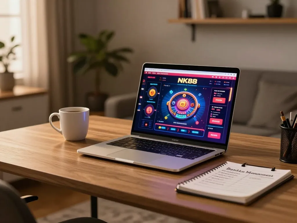 NK88 online casino gaming setup with vibrant interface and strategic notes on the desk.