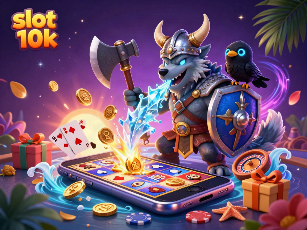 Engage with slot 10k in an epic 3D scene featuring a Viking wolf warrior, a fierce dragon, and dynamic gaming elements.