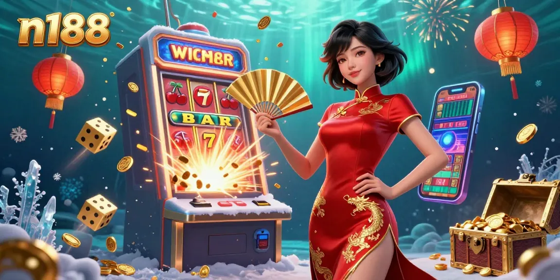 Engage in thrilling gaming at n188 with a dazzling 3D illustration featuring a lucky woman radiating confidence amid casino excitement.