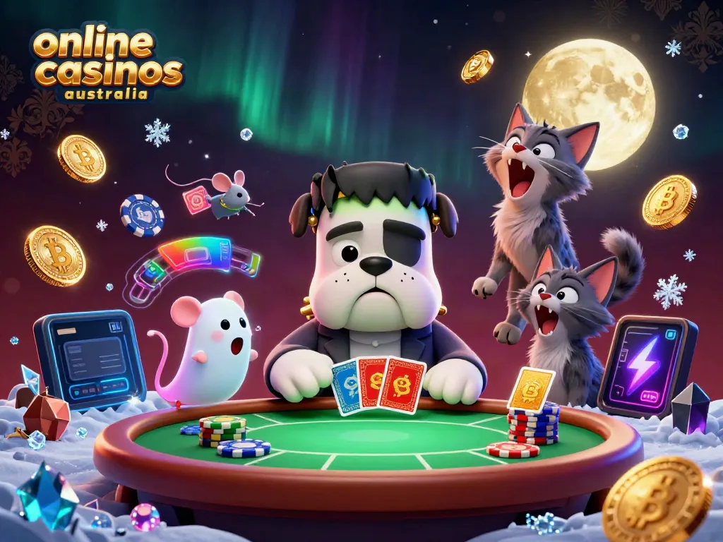 Engaging 3D scene showcasing a playful Frankenstein bulldog dealing cards at online casinos in Australia.