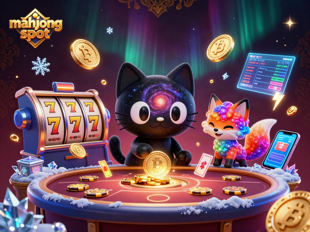 Engage with mahjong slot action featuring a cosmic black hole cat at a vivid casino table.