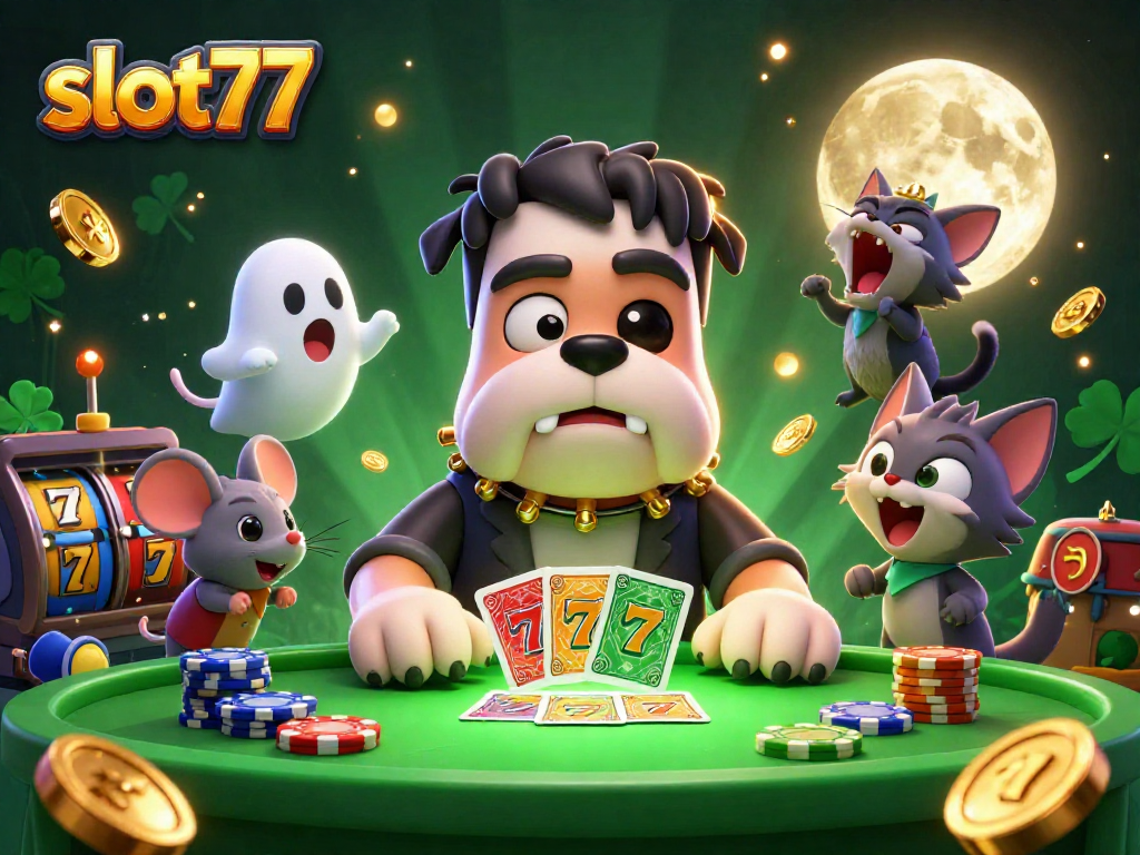 Experience the excitement of slot77 with a dynamic casino illustration featuring cartoon characters and vibrant slot elements.