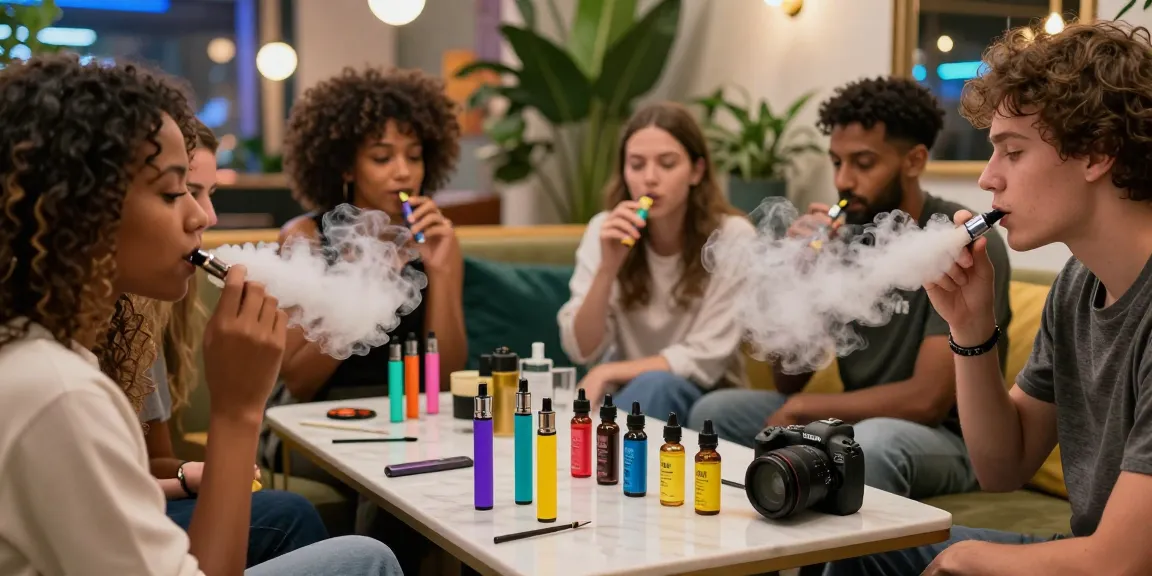 Weed vape enthusiasts enjoy flavorful THC vape e-liquids in a stylish lounge.