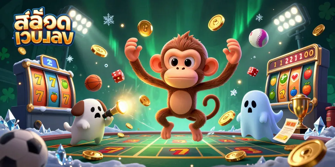 Engage with สล็อตเว็บตรง through this lively 3D illustration showing a poltergeist monkey juggling gold amidst slot reels and sports elements.