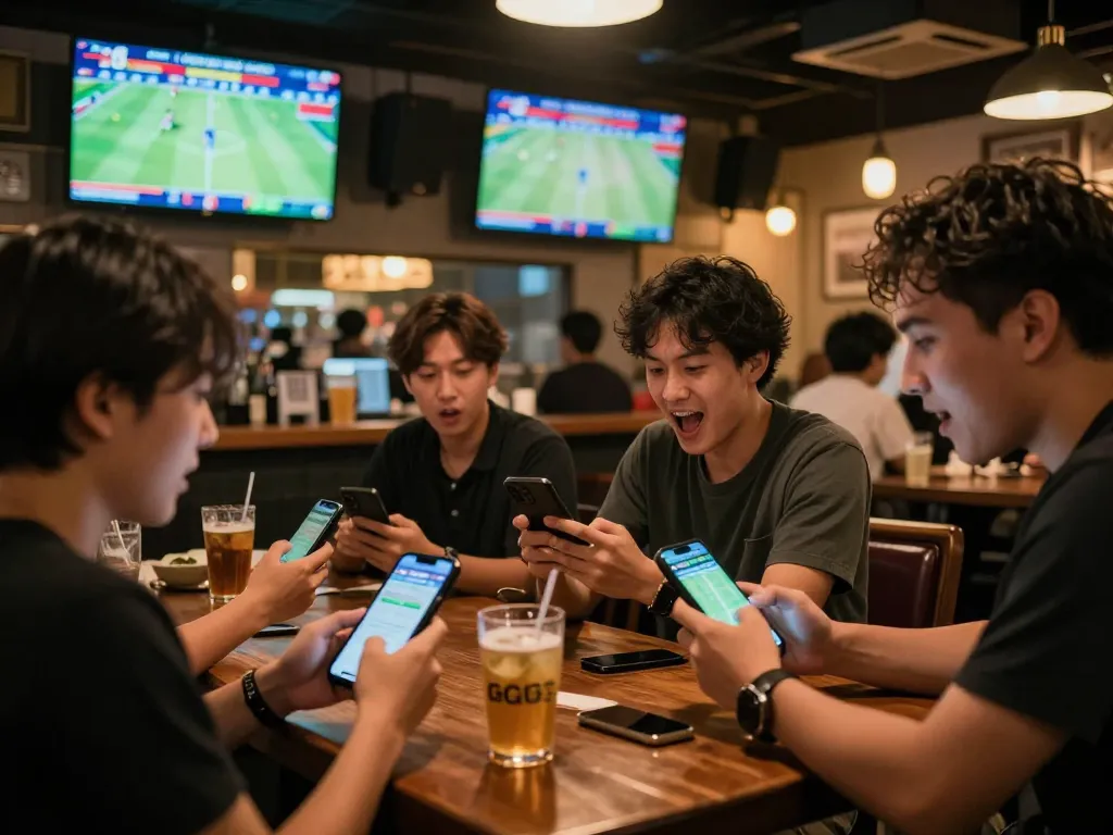 Fans cheering while using their smartphones to place keo nha cai bets at a lively sports bar.