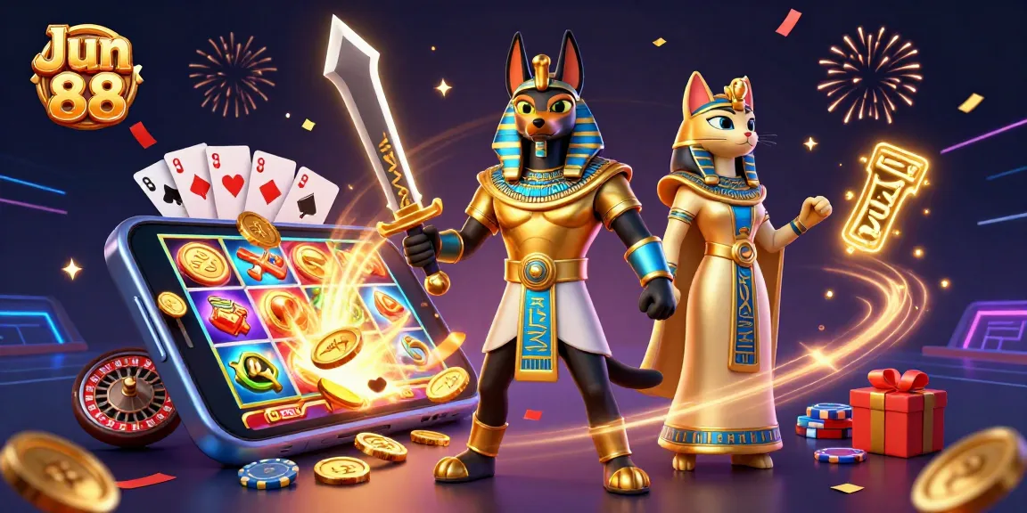 Experience thrilling games at Jun 88 with ancient Egyptian warriors and vibrant casino elements.