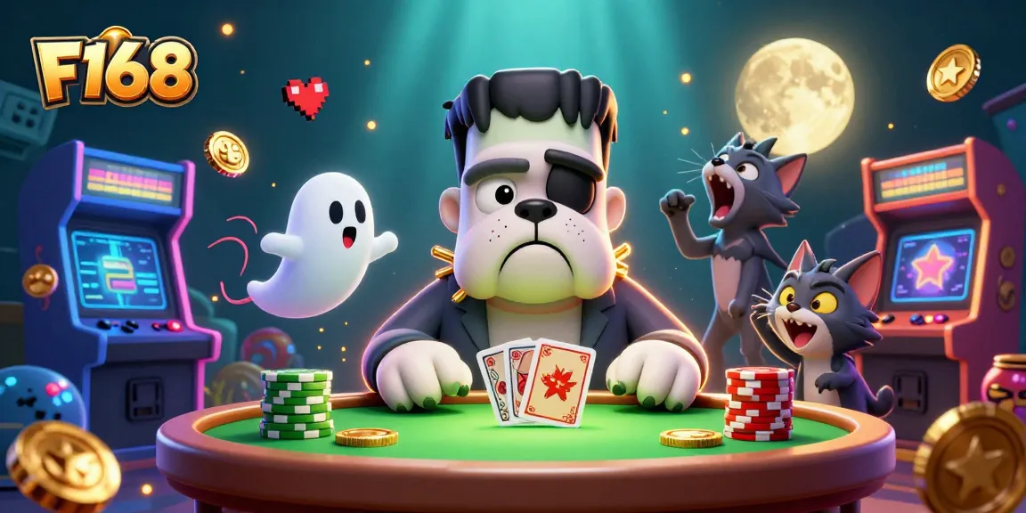 F168 showcases thrilling gaming adventures with cartoon-style characters and vibrant casino elements.