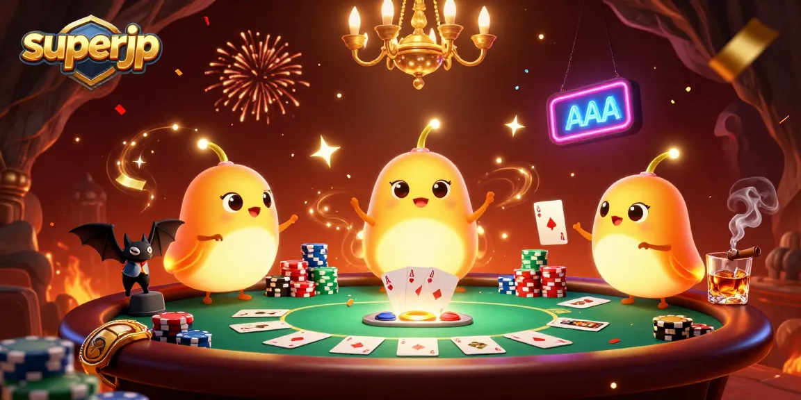 Experience superjp with vibrant glowworms lighting up a lively casino scene filled with poker elements.