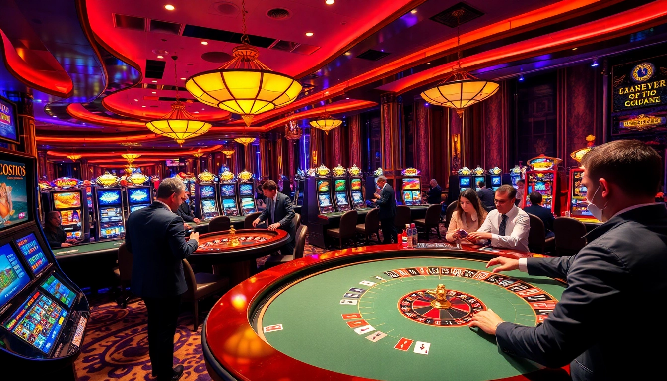 Players enjoying an exciting moment at the rik vip casino, featuring vibrant tables and slot machines.