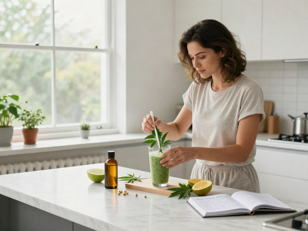 Dispensary that ships CBD oil and wellness products for a healthy lifestyle in a vibrant kitchen.