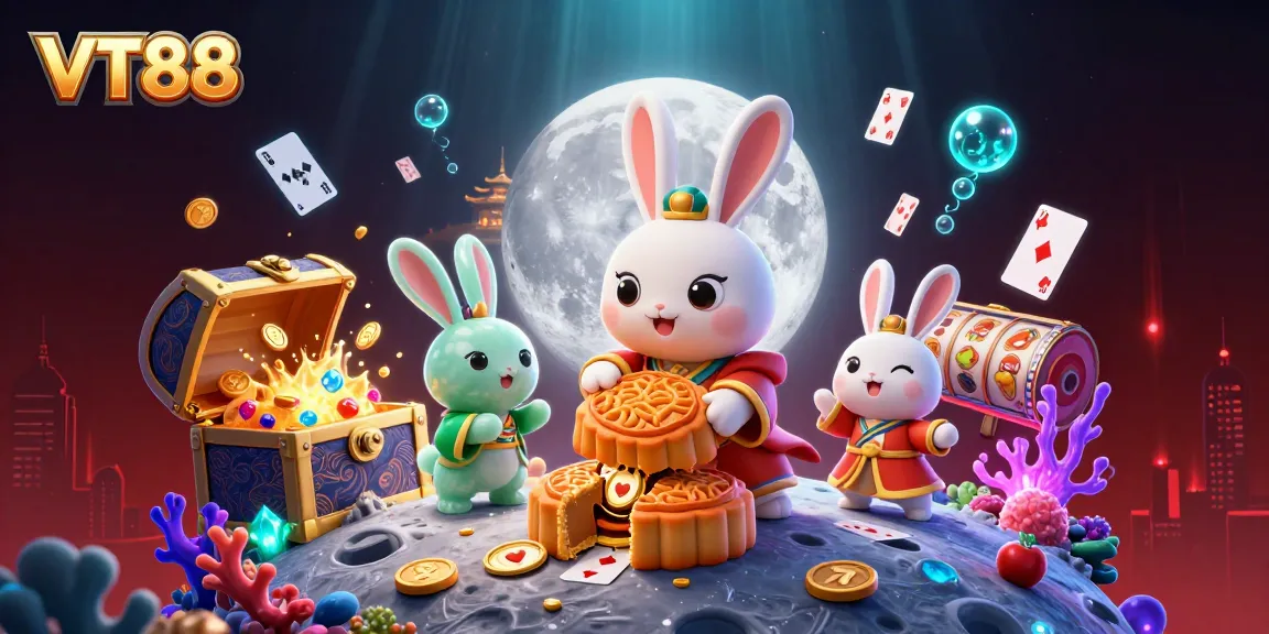 VT88 reveals golden poker chips while enjoying a rich, animated casino scene with moon rabbits.