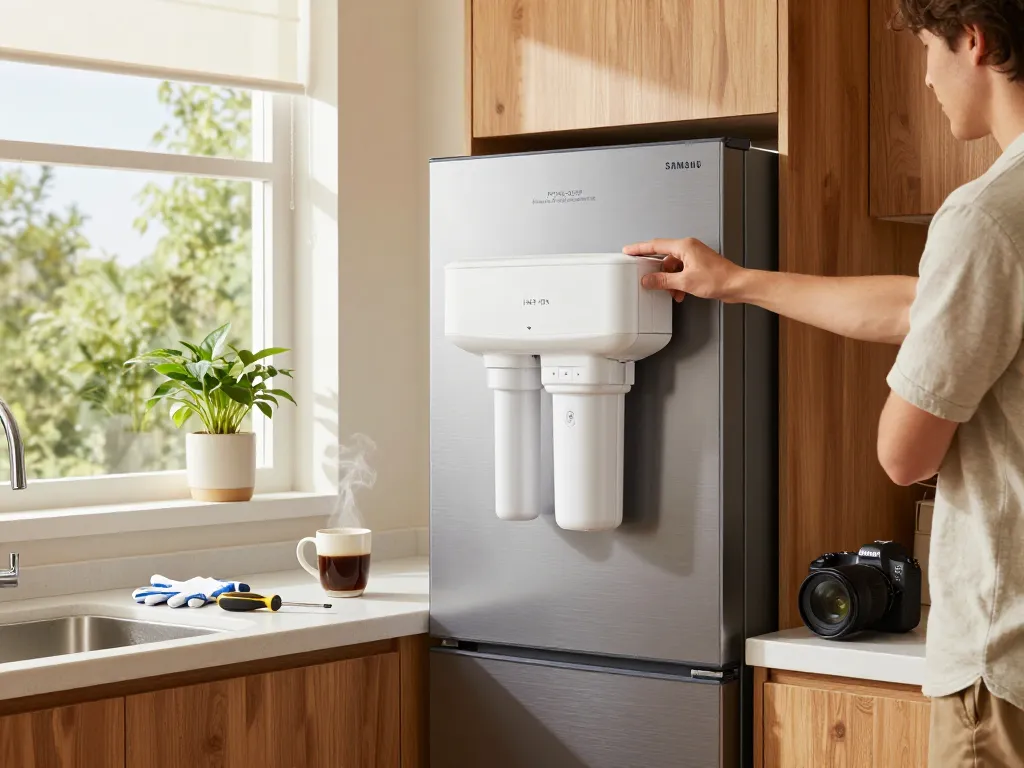 Installing Filterlogic DA97-17376B Replacement for Samsung® HAF-QIN in a modern kitchen with plants and natural light