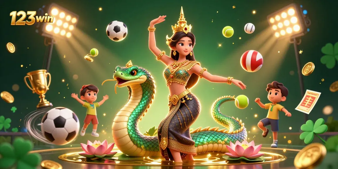 Engage in exciting games at 123win with a vibrant 3D scene featuring sports elements and a traditional Asian dancer.