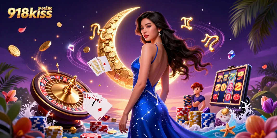 Experience gaming thrills with free credit 918kiss via an elegant Asian woman and dynamic casino elements.
