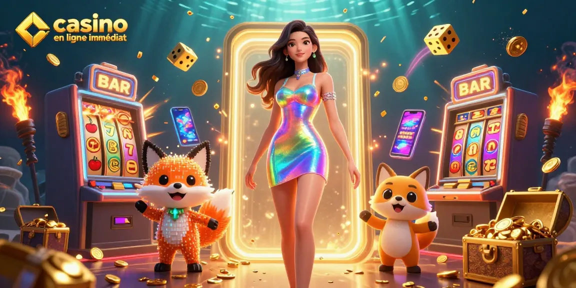 Illustration engageante de casino en ligne retrait immédiat présentant des personnages 3D vibrants et des éléments de jeu immersifs.