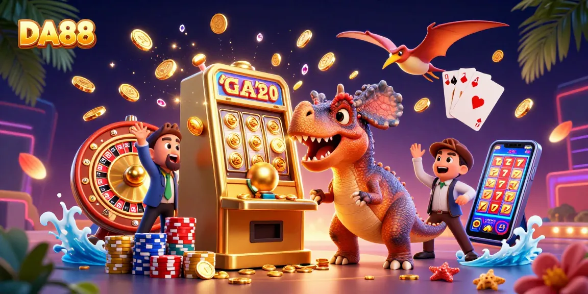 DA88 jackpot scene with a dinosaur winning coins from a golden slot machine.