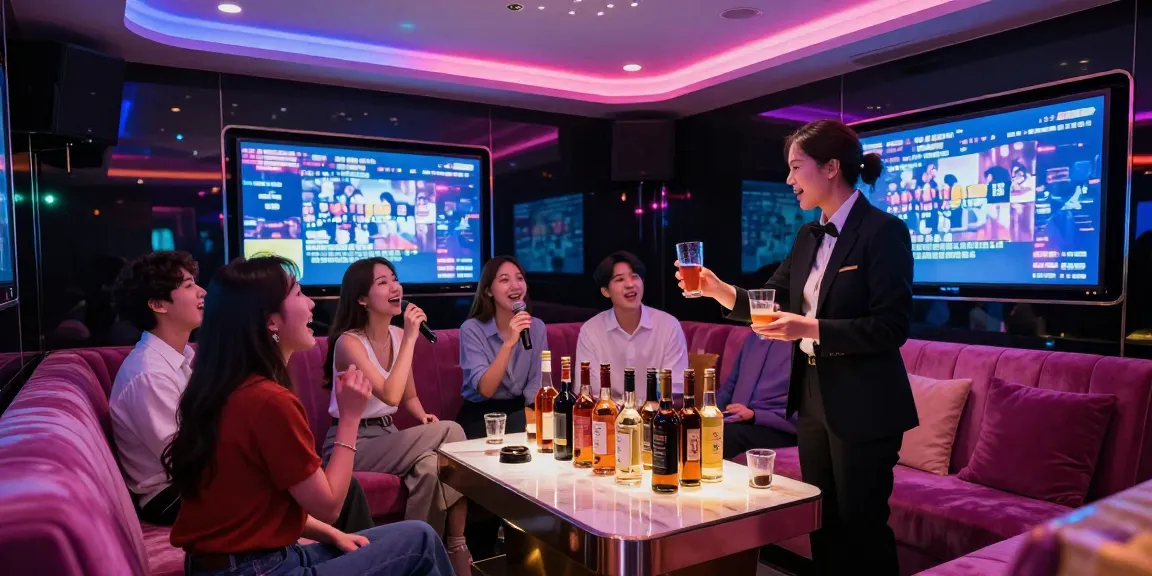 Group enjoying 강남 가라오케 experience with vibrant atmosphere and karaoke setup, showcasing premium service and nightlife.