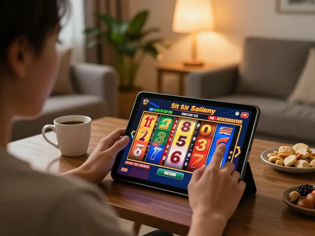 Engaging gameplay on situs slot game displayed on a tablet in a cozy home setting.