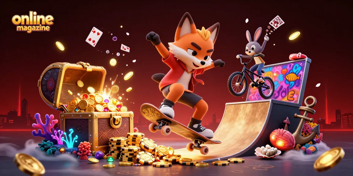 Engage with vibrant 3D casino-themed online magazine featuring characters amidst gambling action.