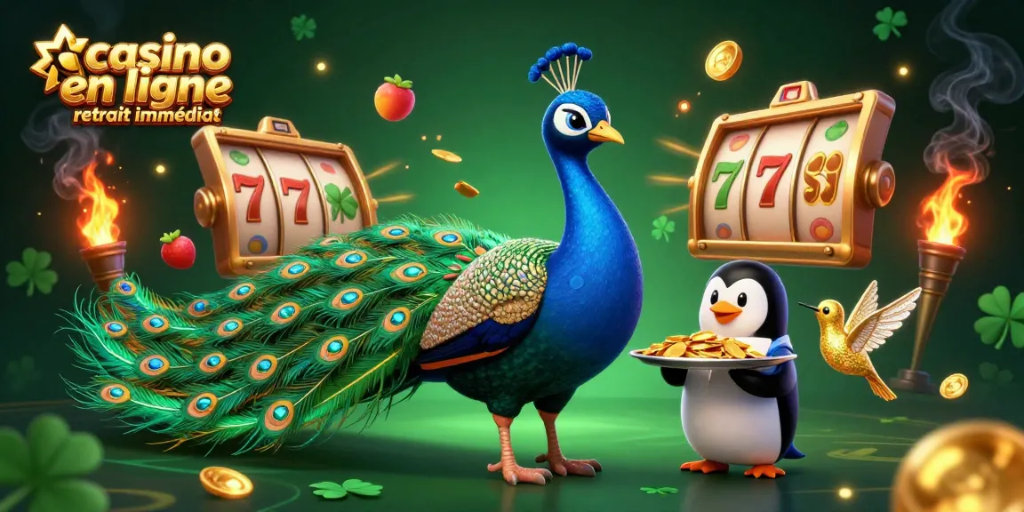 Scène captivante de casino en ligne retrait immédiat avec un paon vibrant et un pingouin au milieu de rouleaux de machines à sous tournants.