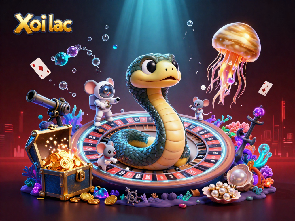 Xoi lac casino scene featuring a Saturn ring snake and astronaut mice betting on a cosmic roulette wheel