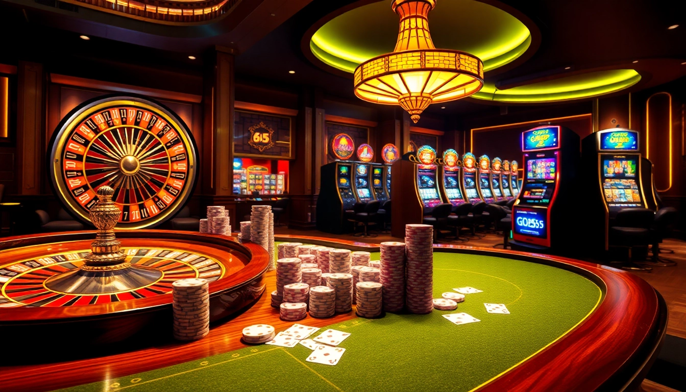 God55 casino scene showcasing luxury gaming with vibrant roulette wheels and poker chips.