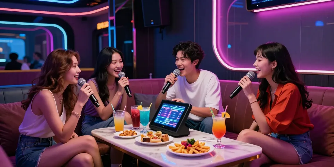Young adults enjoying an exciting night at www.3no.org karaoke lounge, surrounded by neon lights and drinks.