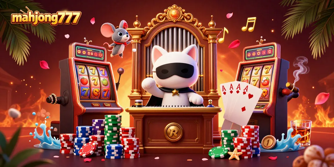 Engage with mahjong777's vibrant casino scene featuring dynamic characters and bright slot game elements.