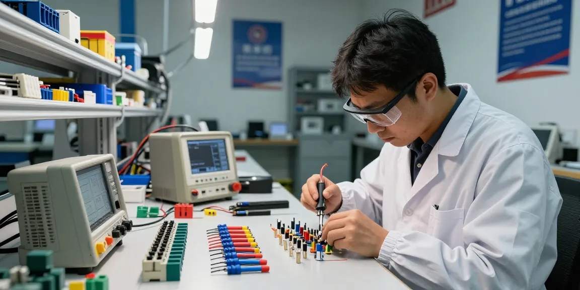 Technician crimping wire crimp connectors in modern electronics workshop