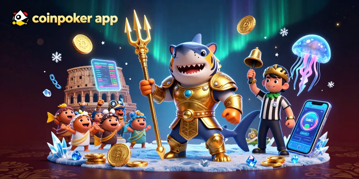Gioca con la CoinPoker app, casinò digitale con un squalo gladiatore in azione tra pesci festanti e simboli crypto.