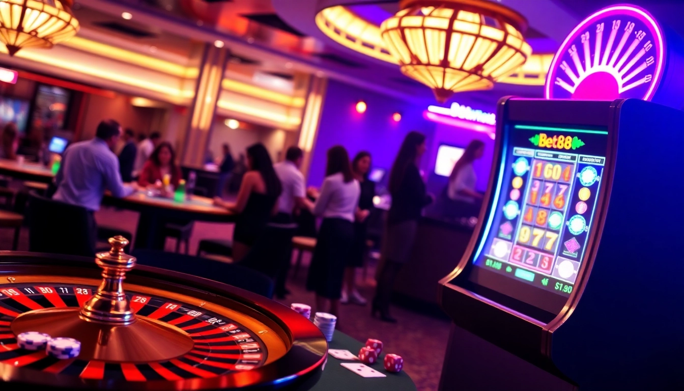 Experience the thrill of Bet88 com with vibrant casino games, players at the roulette wheel, and engaging mobile interfaces.