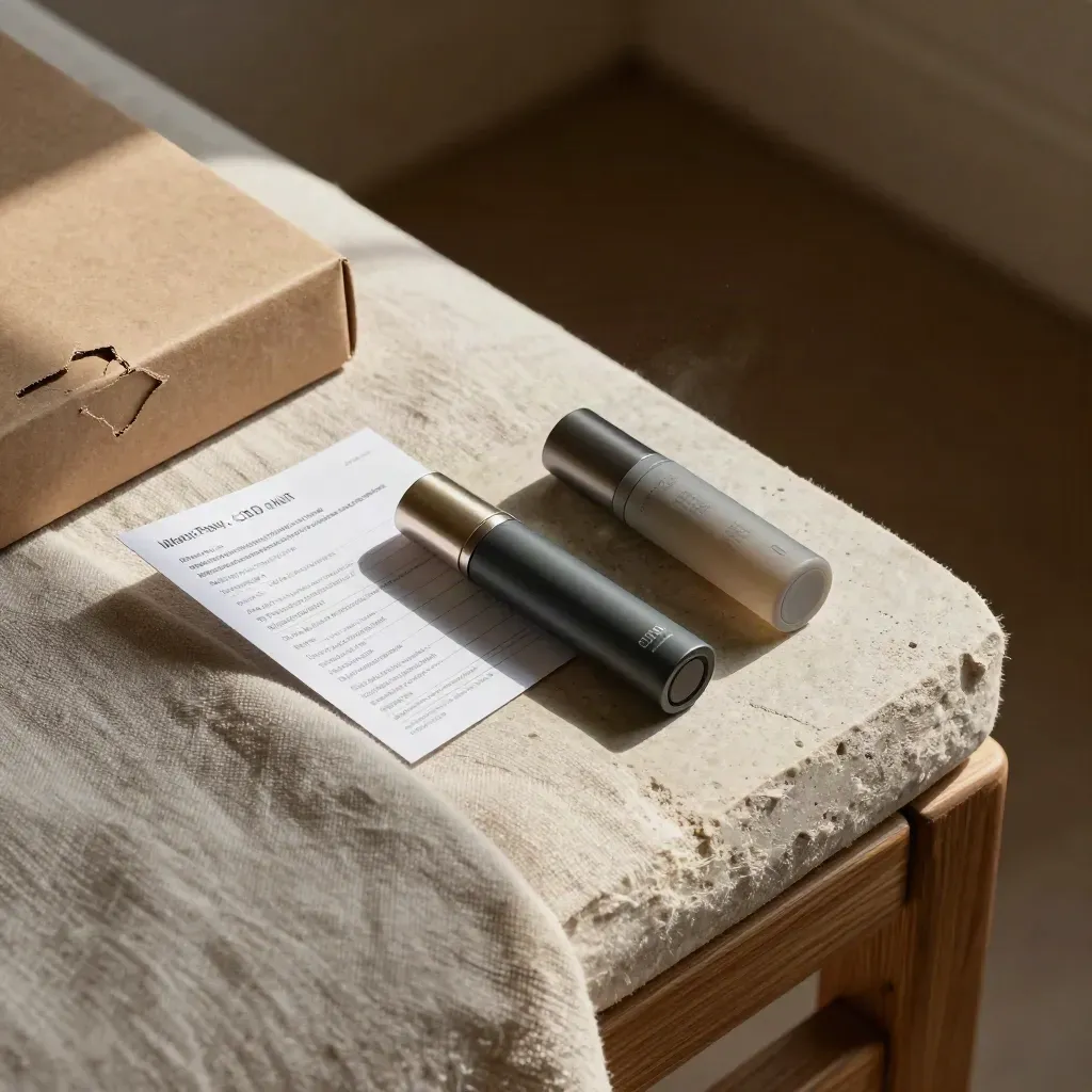 CBD pod set with battery, batch report card, and stone tray on a linen bench in warm late-afternoon light.