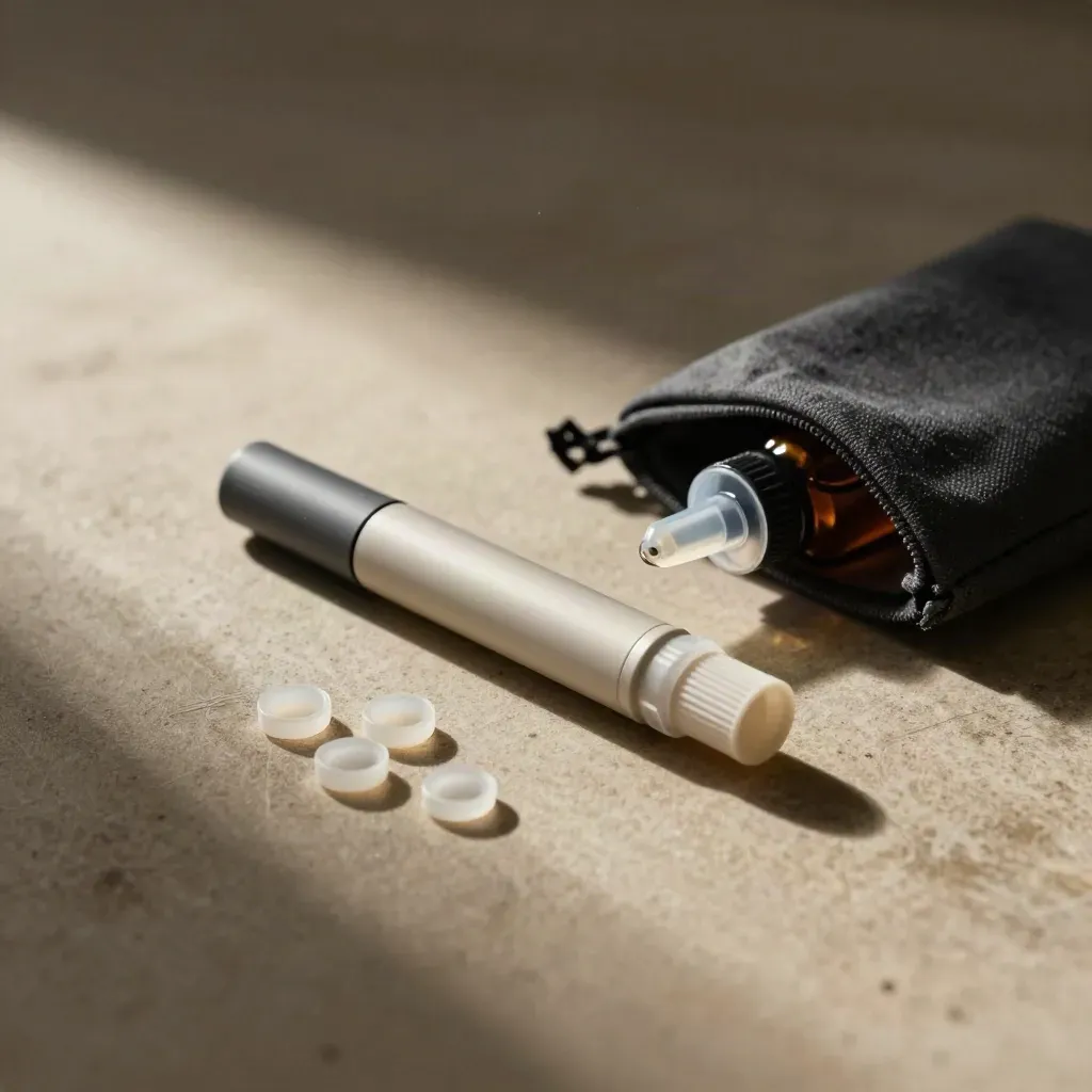 Uncapped refillable pod tilted beside CBD liquid bottle, seals and cloth pouch on a worktable.