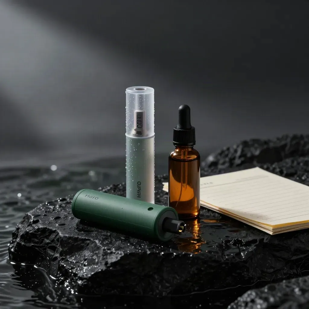 CBD pod kit, cartridge, battery cradle, terpene bottle and lab sleeve in sea fog with dramatic light