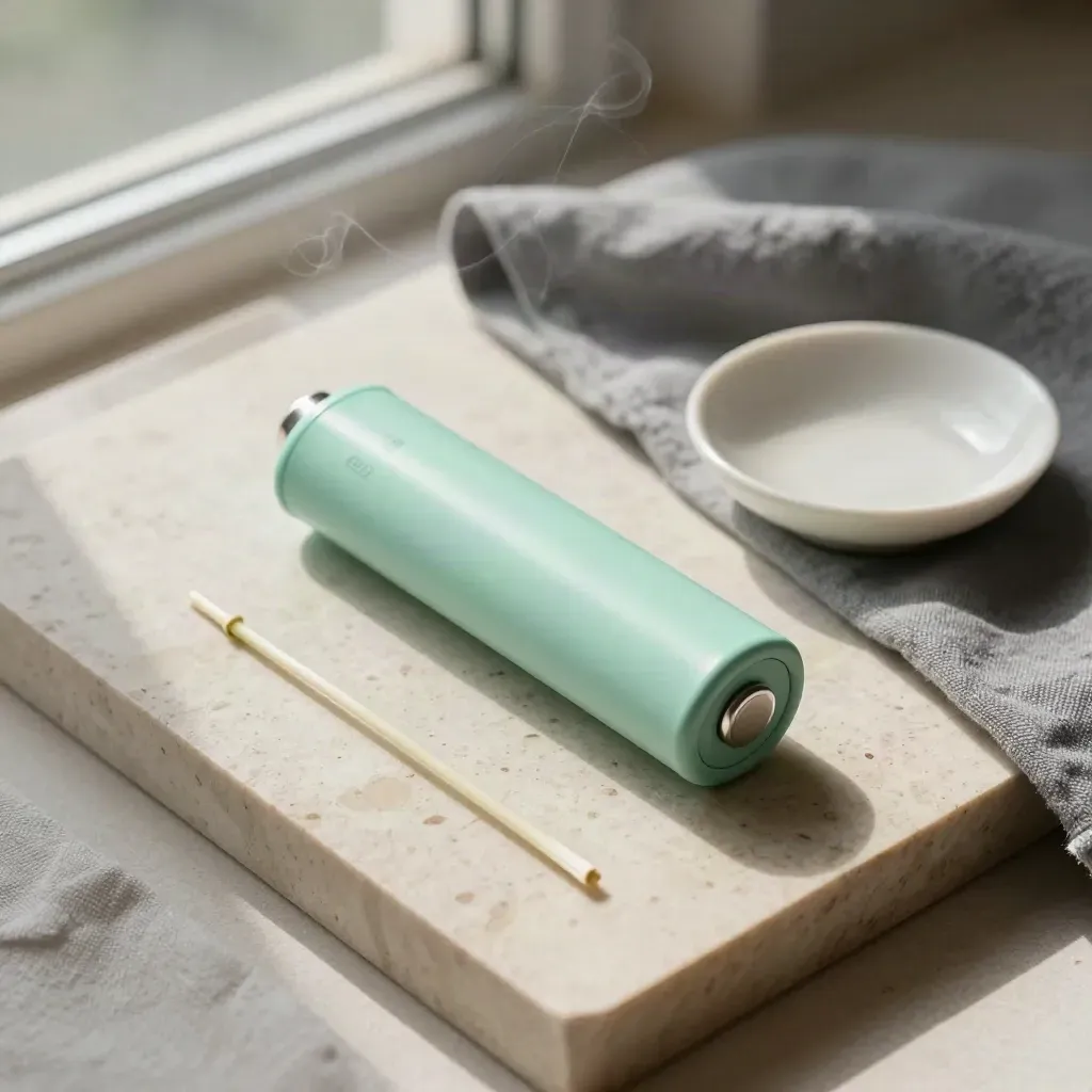 Top-down mint CBD pod and battery with muslin cloth, ceramic dish, and plant stem in soft morning light.
