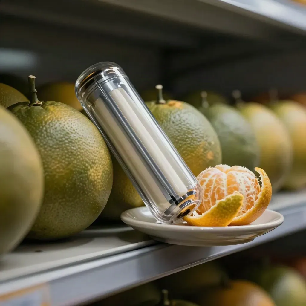 Citrus vape pod and clear battery beside a peeled citrus twist on a ceramic dish in hazy light.