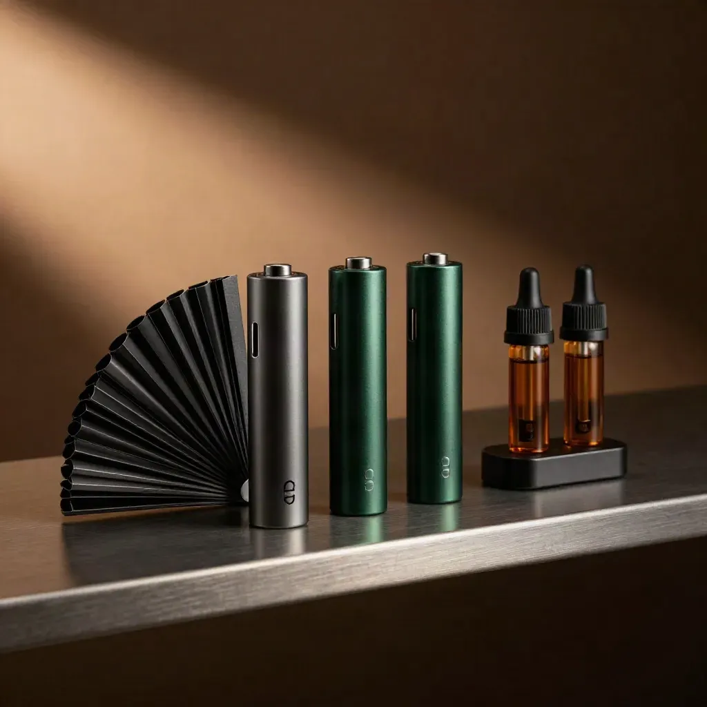 Three batteries, two pod styles, and a charger base on a dark brushed metal shelf.