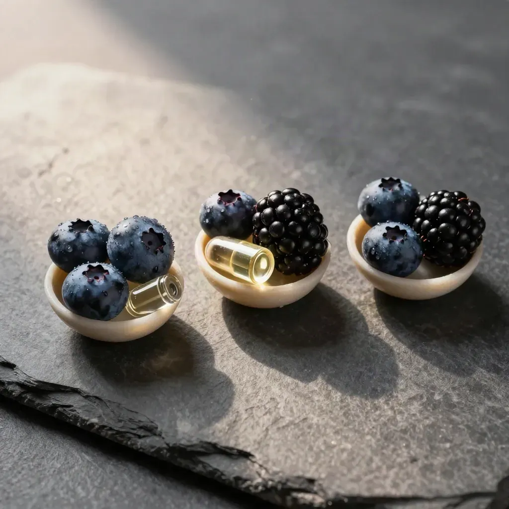 Top-down berry CBD pods with dark berries and a small glass oil bottle on slate