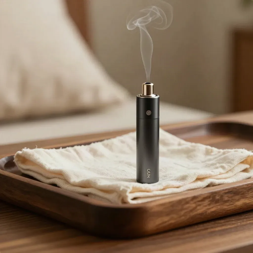 Mint CBD pod and charcoal battery on a walnut bedside tray with folded muslin and soft vapor.