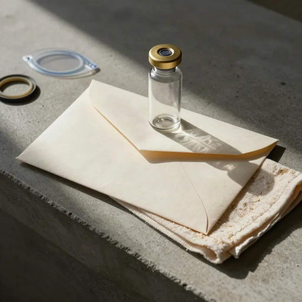 Lab envelope, glass vial and cloth on concrete with a long diagonal shadow.