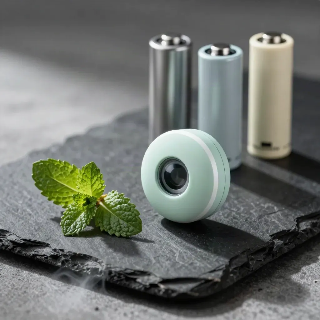 Mint pod cartridge on black stone with pale battery, mint sprig, and blurred pod lineup in mist.