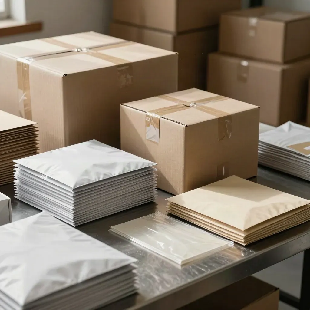 Sealed shipping box, mailers, and packing inserts on a dispatch bench with drifting paper dust.