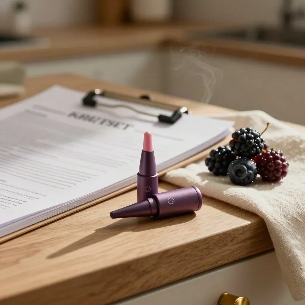 Bery CBD pod beside berries and a blurred lab report sleeve on a sunlit oak shelf.
