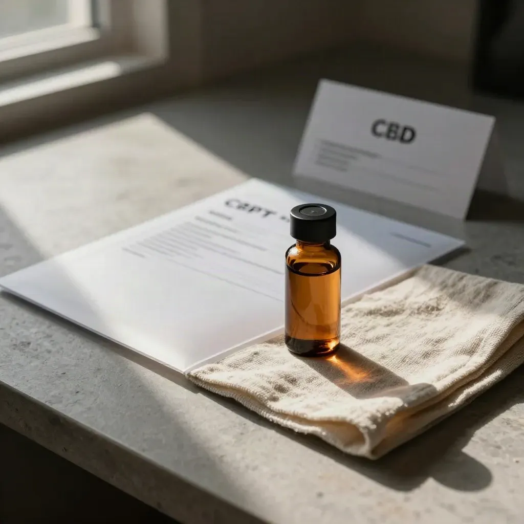 Amber vial, lab report sleeve, and folded linen on stone in soft side light.