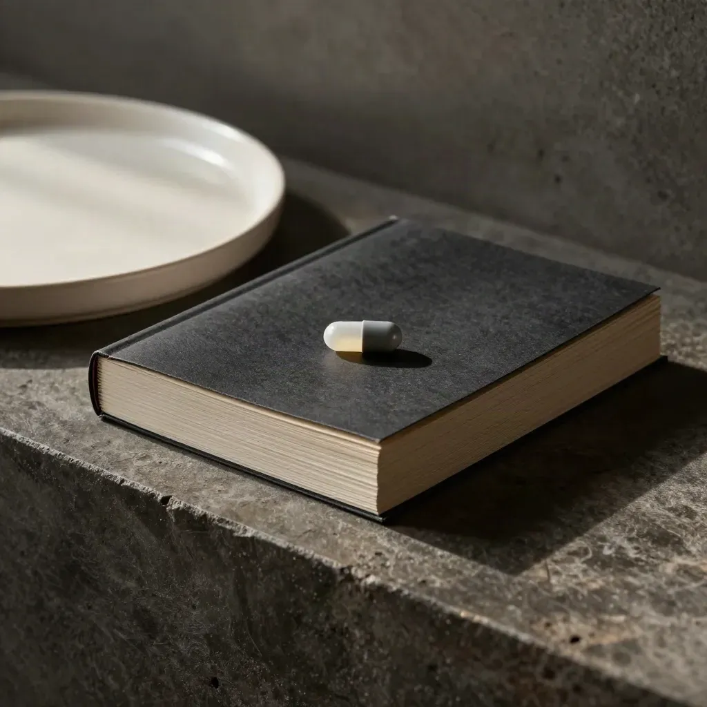 Stack of closed guide booklets, a pod capsule, and ceramic tray on a charcoal stone plinth.